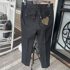 ST JOHN DARK DENIM JEANS WITH GOLD HEART SEQUIN POCKET SIZE 4